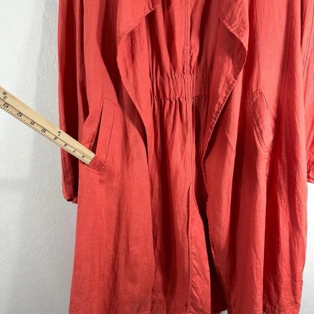 Cynthia Rowley Womens Small 100% Linen Duster Trench Coat Coral Pink Tie‎ Waist - Picture 4 of 7